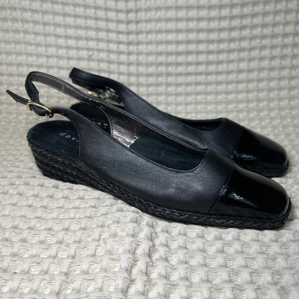 David Tate Black Patent Leather Slingback Wedge‎ Espadrille Shoes Womens size 7
